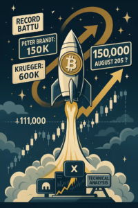 Illustration d’une fusée Bitcoin franchissant les 111 000 $, avec des pancartes indiquant « Peter Brandt : 150K » et « Krueger : 600K », sur fond de graphique haussier.
