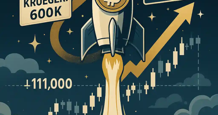 Illustration d’une fusée Bitcoin franchissant les 111 000 $, avec des pancartes indiquant « Peter Brandt : 150K » et « Krueger : 600K », sur fond de graphique haussier.