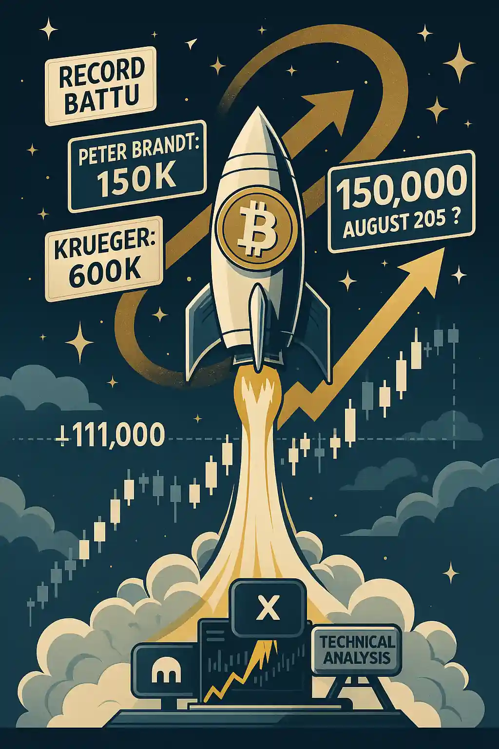 Illustration d’une fusée Bitcoin franchissant les 111 000 $, avec des pancartes indiquant « Peter Brandt : 150K » et « Krueger : 600K », sur fond de graphique haussier.