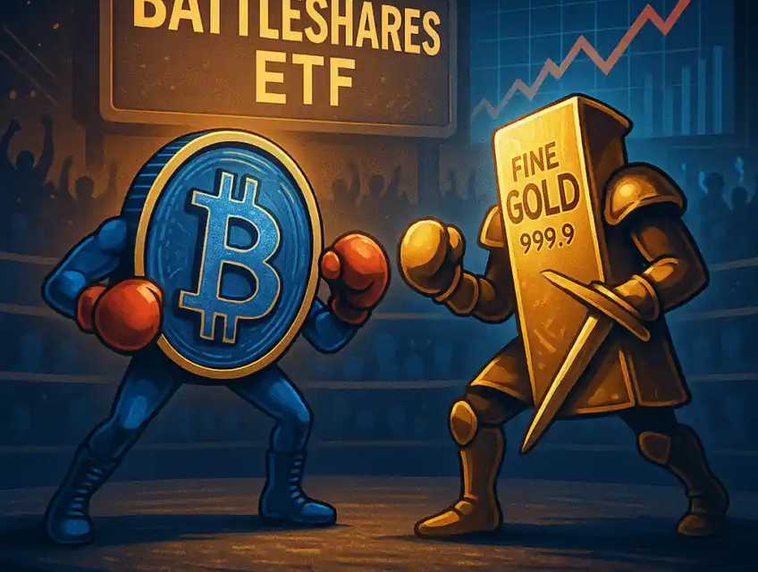 Illustration d’un Bitcoin et d’un lingot d’or personnifiés, s’affrontant dans un ring marqué "Battleshares ETF", sous les acclamations d’un public.