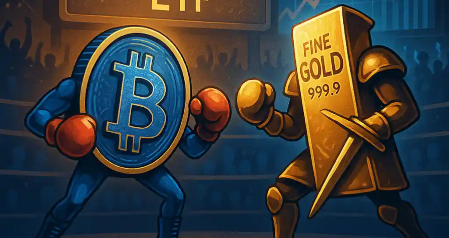Illustration d’un Bitcoin et d’un lingot d’or personnifiés, s’affrontant dans un ring marqué "Battleshares ETF", sous les acclamations d’un public.