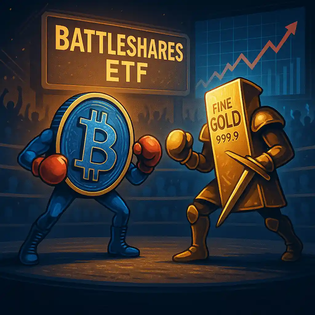 Illustration d’un Bitcoin et d’un lingot d’or personnifiés, s’affrontant dans un ring marqué "Battleshares ETF", sous les acclamations d’un public.
