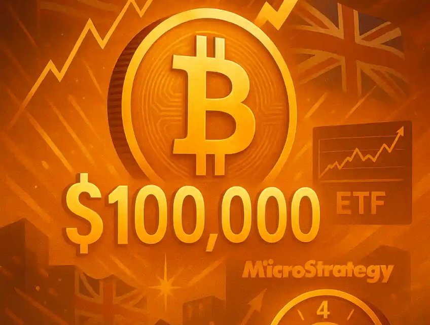 Illustration flamboyante du bitcoin franchissant les 100 000 dollars, avec des graphiques, fusées, drapeaux UK et US.