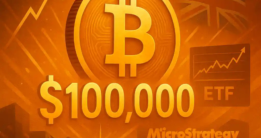 Illustration flamboyante du bitcoin franchissant les 100 000 dollars, avec des graphiques, fusées, drapeaux UK et US.