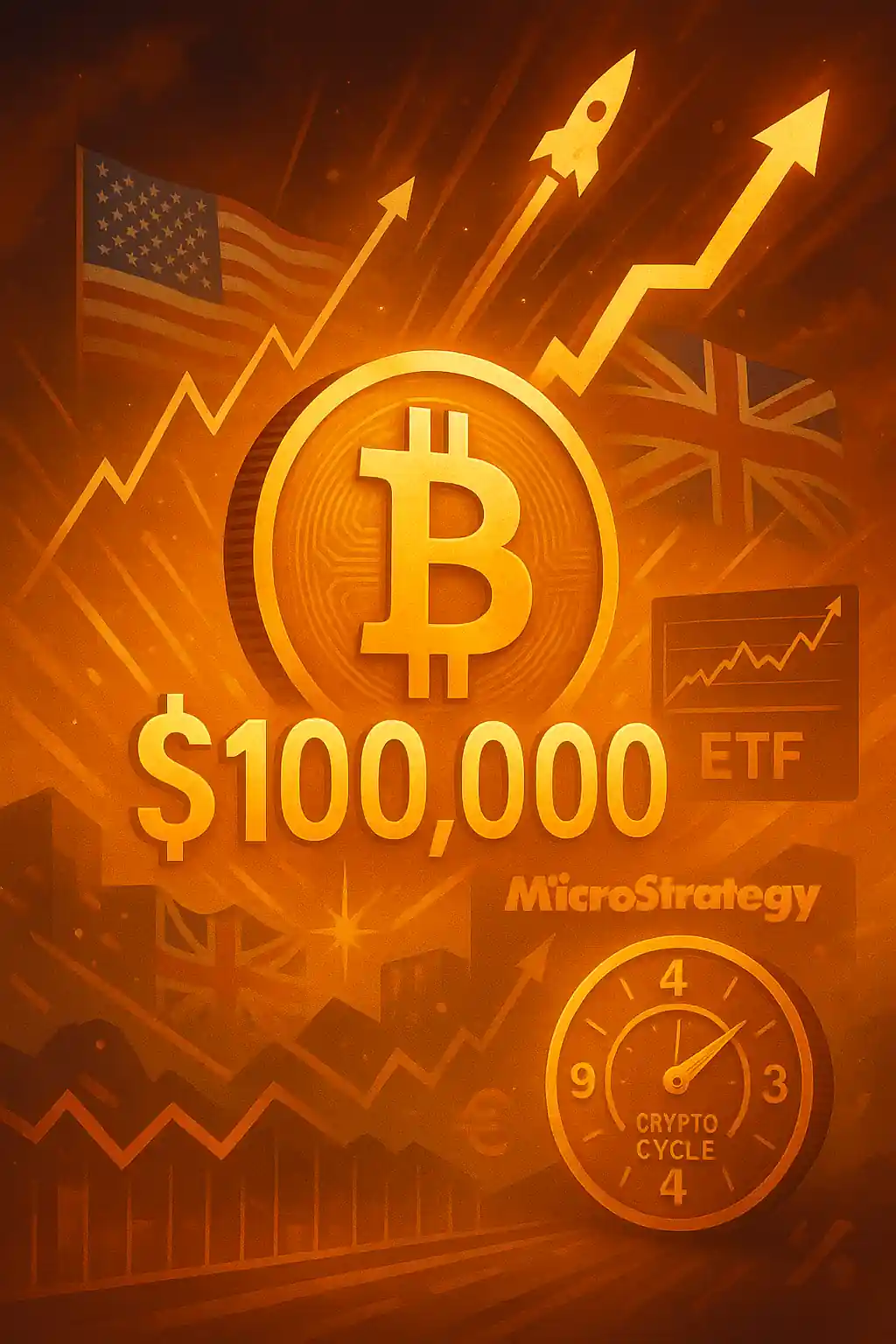 Illustration flamboyante du bitcoin franchissant les 100 000 dollars, avec des graphiques, fusées, drapeaux UK et US.
