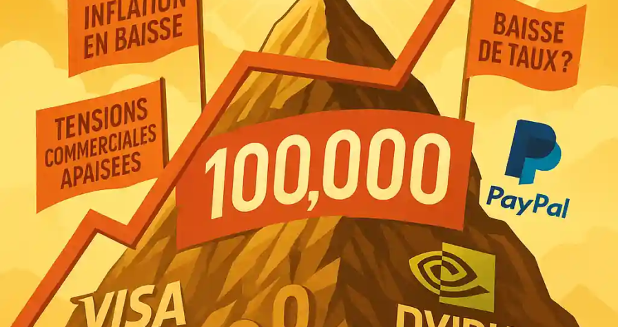 Illustration d’un Bitcoin au sommet d’une montagne de chiffres, avec des drapeaux marquant la baisse de l’inflation et l’apaisement commercial.