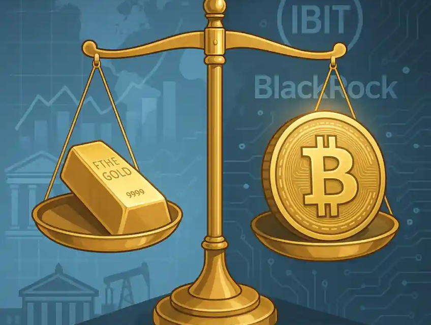 Illustration d’une balance dorée comparant un lingot d’or et un bitcoin sur fond de graphiques financiers et numériques.