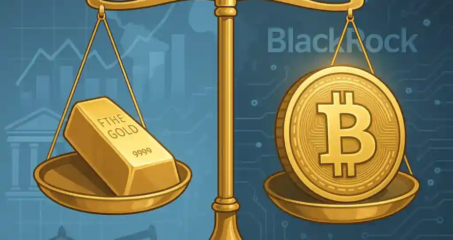 Illustration d’une balance dorée comparant un lingot d’or et un bitcoin sur fond de graphiques financiers et numériques.