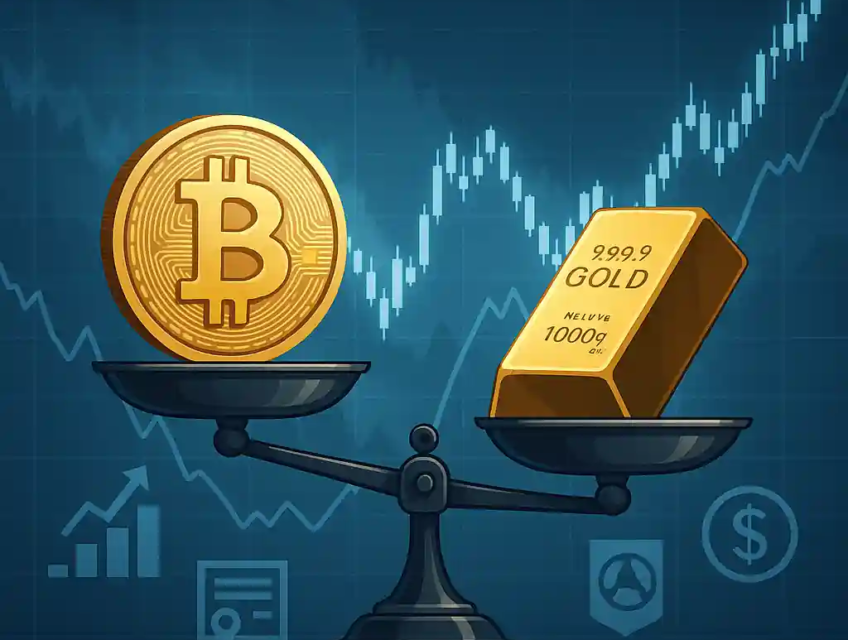 Balance financière comparant une pièce de bitcoin et un lingot d’or sur fond de graphiques boursiers.