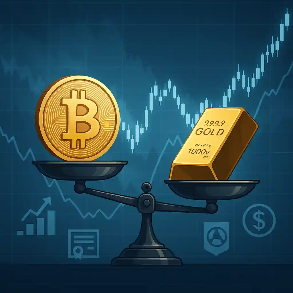 Balance financière comparant une pièce de bitcoin et un lingot d’or sur fond de graphiques boursiers.