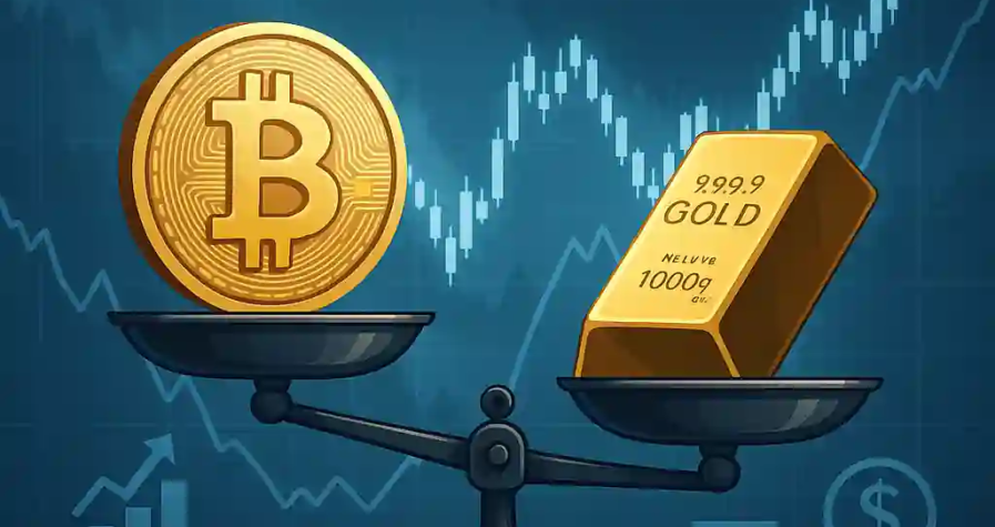 Balance financière comparant une pièce de bitcoin et un lingot d’or sur fond de graphiques boursiers.