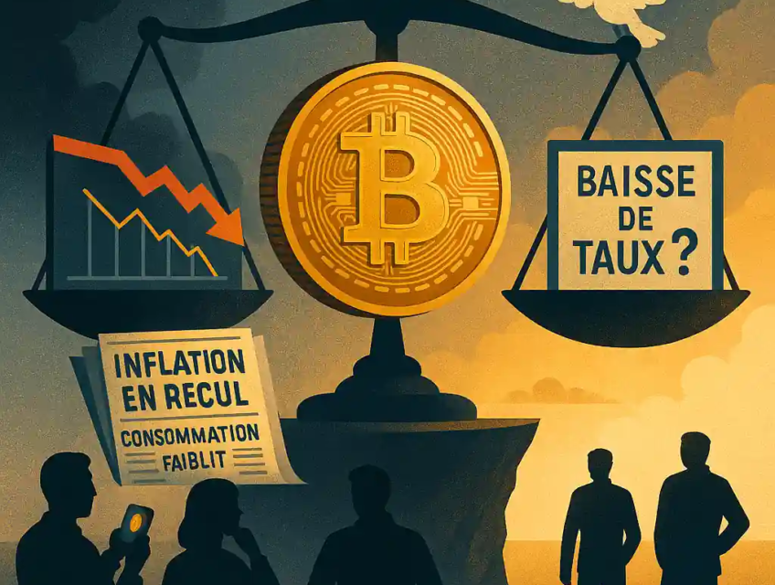 Illustration d’un Bitcoin suspendu sur une balance, entre un graphique de baisse et une colombe symbolisant une potentielle baisse des taux.