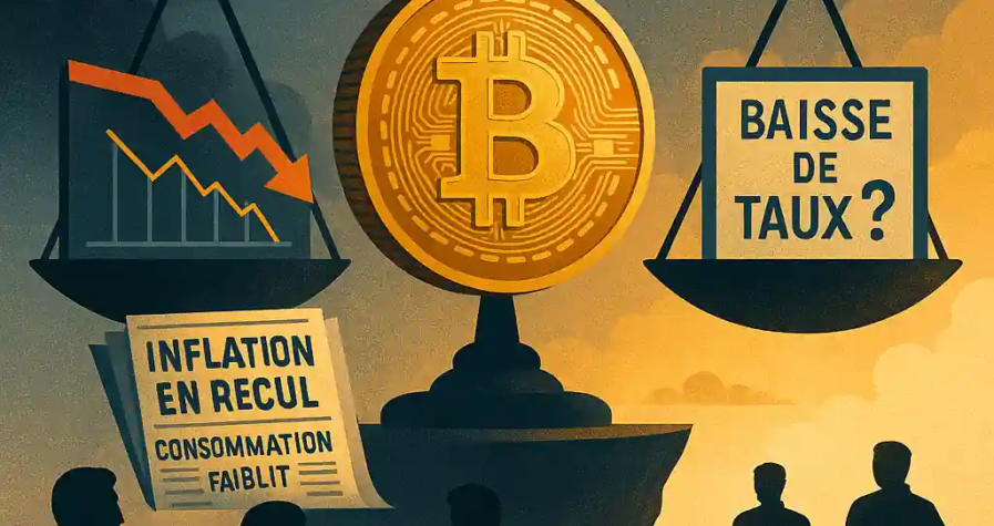 Illustration d’un Bitcoin suspendu sur une balance, entre un graphique de baisse et une colombe symbolisant une potentielle baisse des taux.