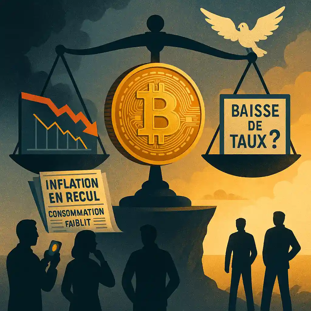Illustration d’un Bitcoin suspendu sur une balance, entre un graphique de baisse et une colombe symbolisant une potentielle baisse des taux.