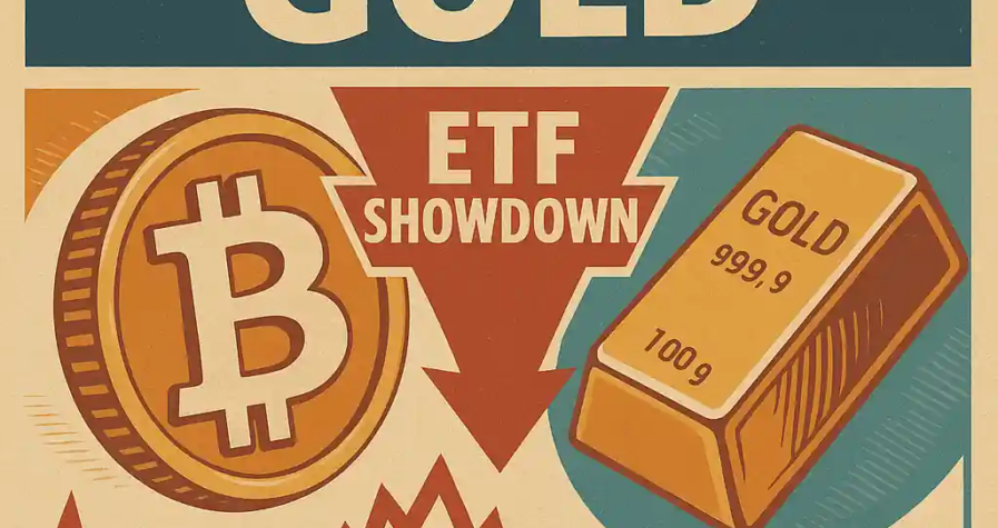 Bitcoin and gold face off with an ETF showdown arrow and market trend graphs showing volatility.
