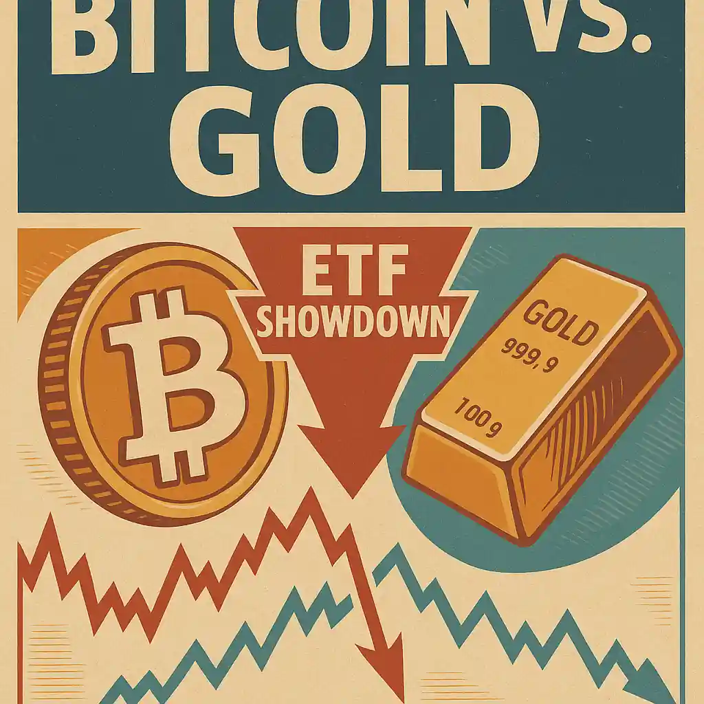 Bitcoin and gold face off with an ETF showdown arrow and market trend graphs showing volatility.