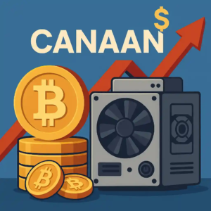 Illustration de l’entreprise Canaan avec rig de minage, pièces de bitcoin et flèche rouge ascendante sur fond bleu