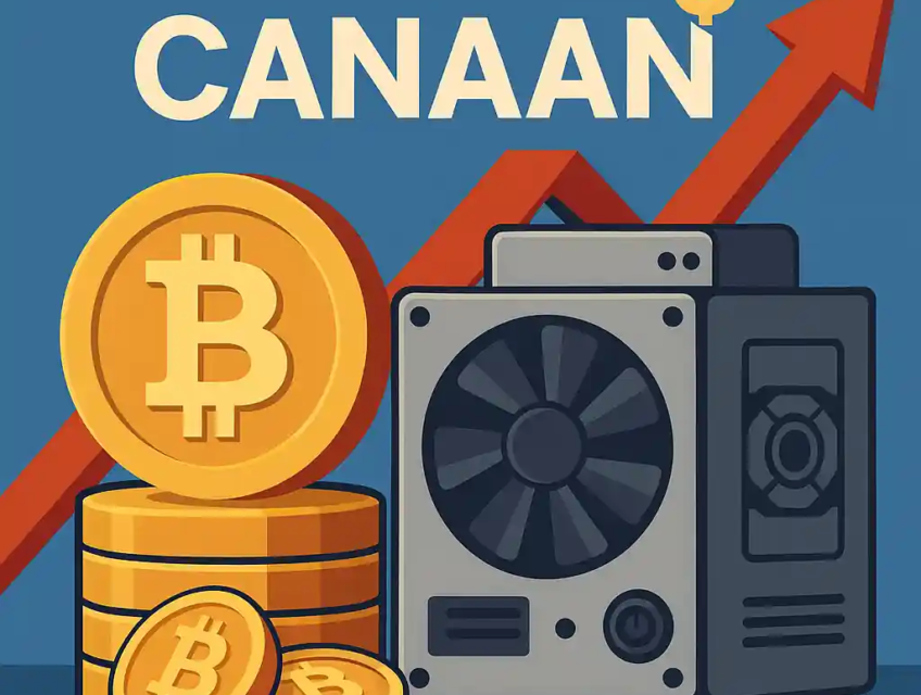 Illustration de l’entreprise Canaan avec rig de minage, pièces de bitcoin et flèche rouge ascendante sur fond bleu