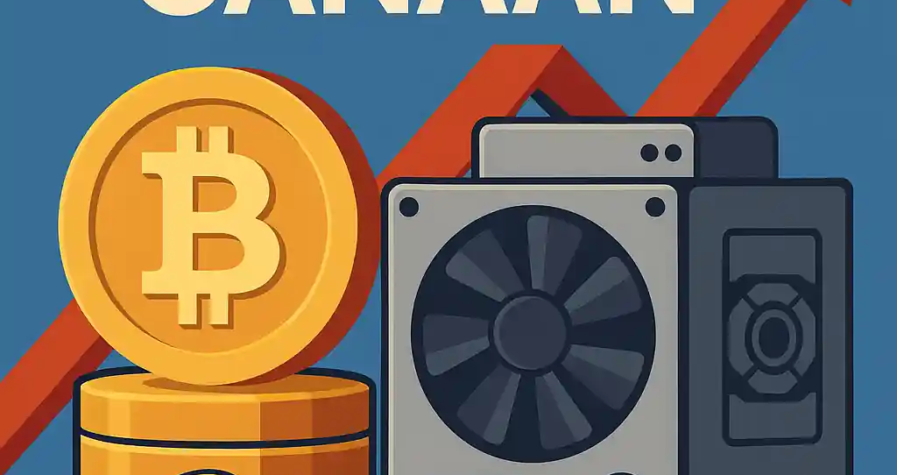 Illustration de l’entreprise Canaan avec rig de minage, pièces de bitcoin et flèche rouge ascendante sur fond bleu