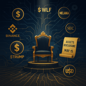 Illustration d’un trône doré entouré de jetons crypto comme $TRUMP et $WLF, reliés à Binance, SEC et MGX, avec un document "Assets Disclosure".