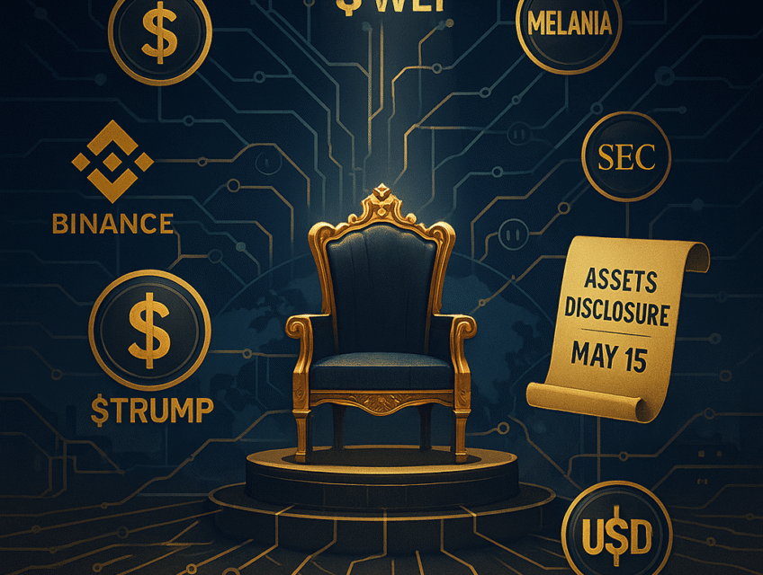 Illustration d’un trône doré entouré de jetons crypto comme $TRUMP et $WLF, reliés à Binance, SEC et MGX, avec un document "Assets Disclosure".