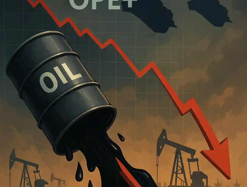 Illustration d’un baril de pétrole renversé, formant une flèche rouge descendante, avec le logo OPEP+ et des silhouettes de pays producteurs.