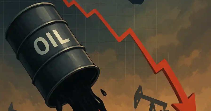 Illustration d’un baril de pétrole renversé, formant une flèche rouge descendante, avec le logo OPEP+ et des silhouettes de pays producteurs.
