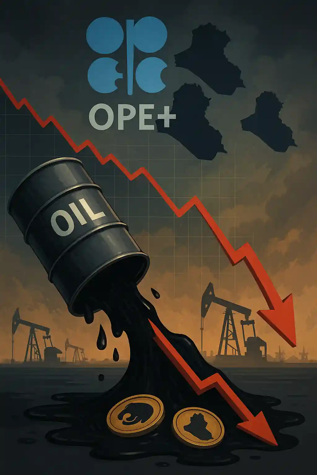 Illustration d’un baril de pétrole renversé, formant une flèche rouge descendante, avec le logo OPEP+ et des silhouettes de pays producteurs.