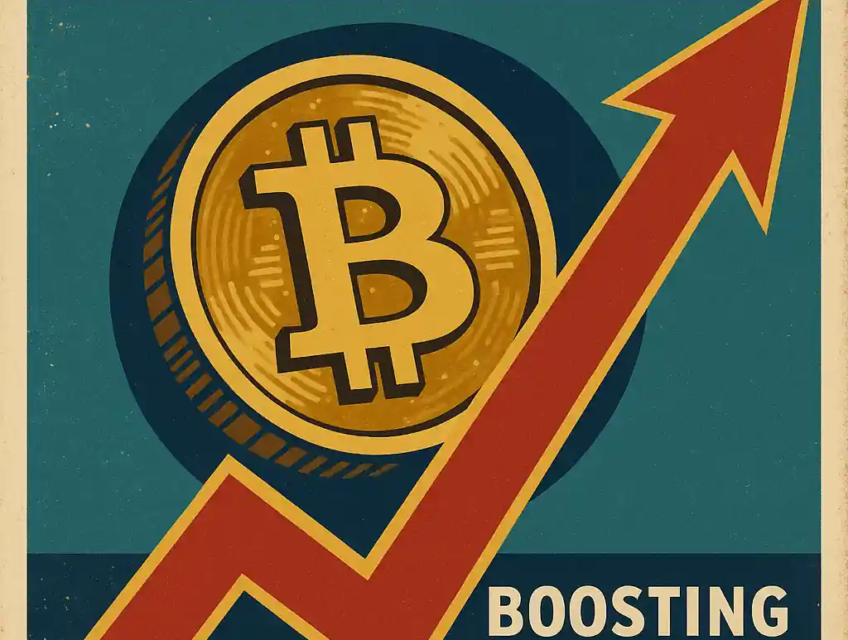 Vintage-style poster with Bitcoin symbol and rising red arrow celebrating Coinbase’s S&P 500 inclusion.