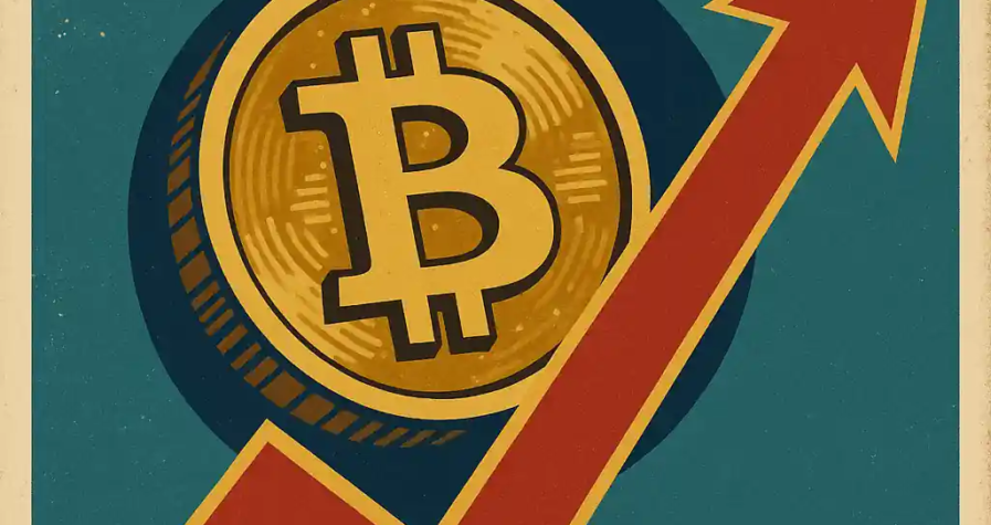 Vintage-style poster with Bitcoin symbol and rising red arrow celebrating Coinbase’s S&P 500 inclusion.