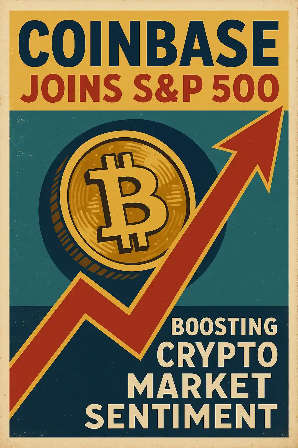 Vintage-style poster with Bitcoin symbol and rising red arrow celebrating Coinbase’s S&P 500 inclusion.