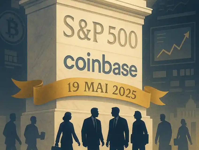 Illustration Coinbase gravé dans une structure S&P 500 avec la date 19 mai 2025, entouré de silhouettes professionnelles.