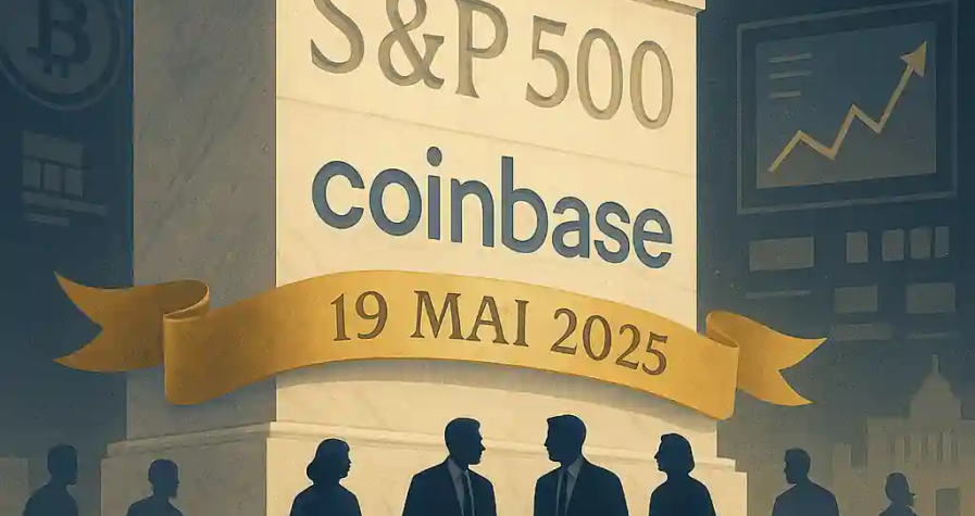 Illustration Coinbase gravé dans une structure S&P 500 avec la date 19 mai 2025, entouré de silhouettes professionnelles.