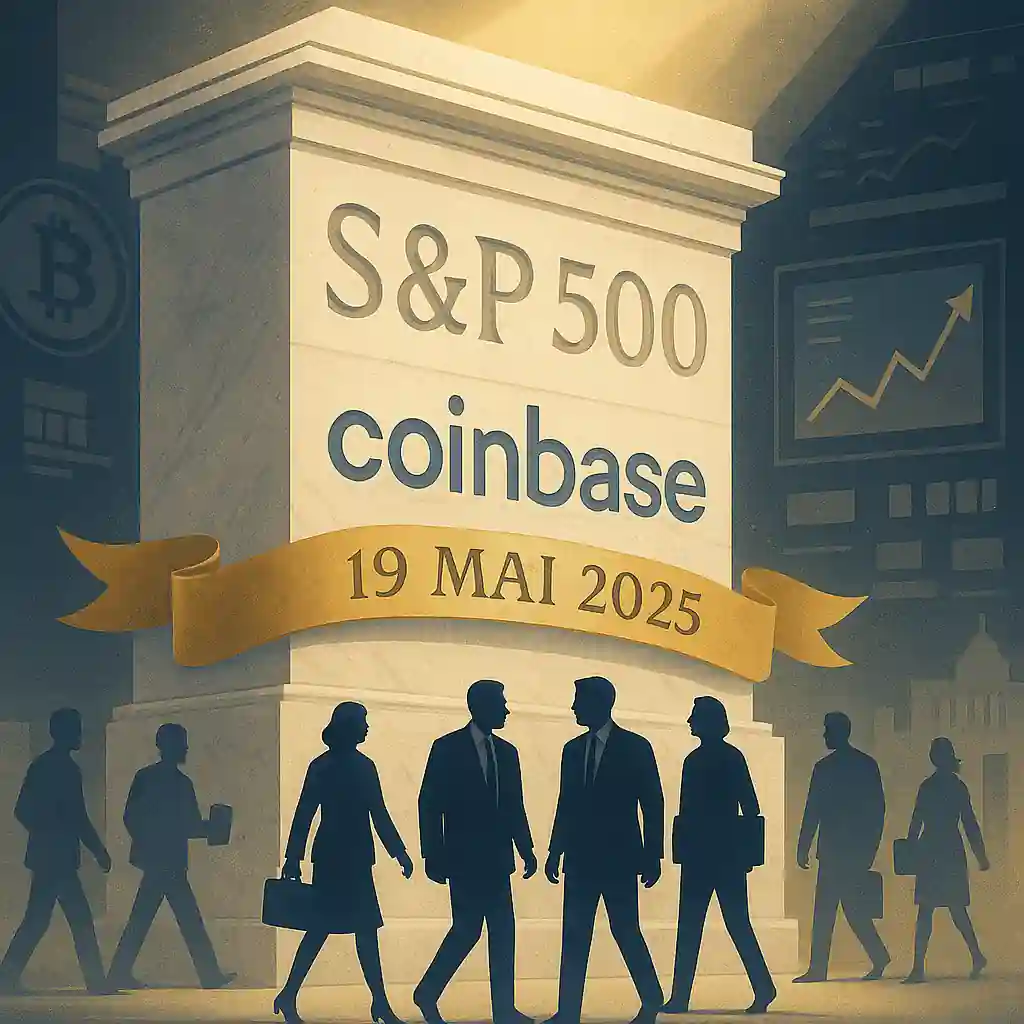 Illustration Coinbase gravé dans une structure S&P 500 avec la date 19 mai 2025, entouré de silhouettes professionnelles.