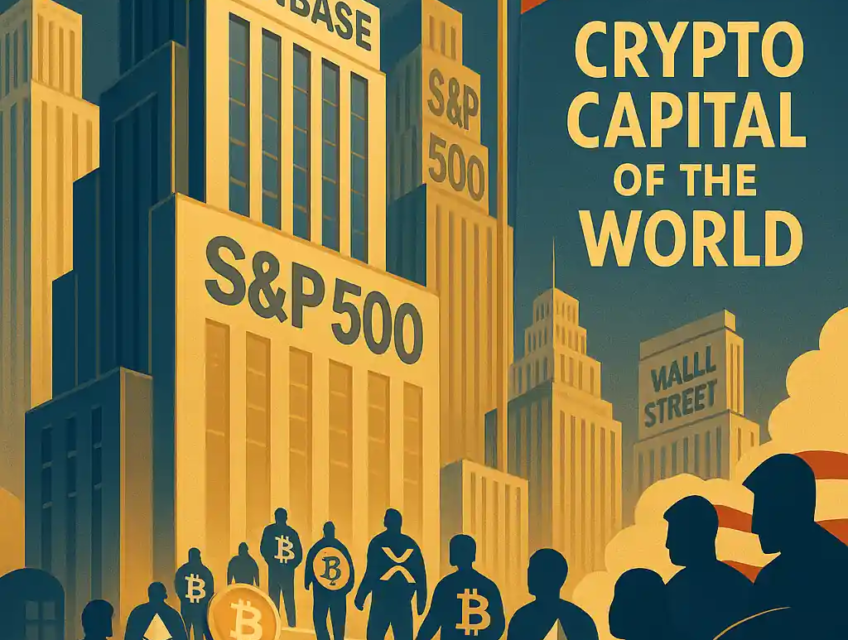 Illustration d’un gratte-ciel Coinbase rejoignant le S&P 500, entouré de figures portant des logos crypto, avec un drapeau américain et l’inscription « Crypto Capital of the World ».