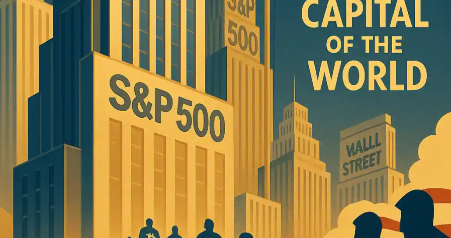 Illustration d’un gratte-ciel Coinbase rejoignant le S&P 500, entouré de figures portant des logos crypto, avec un drapeau américain et l’inscription « Crypto Capital of the World ».