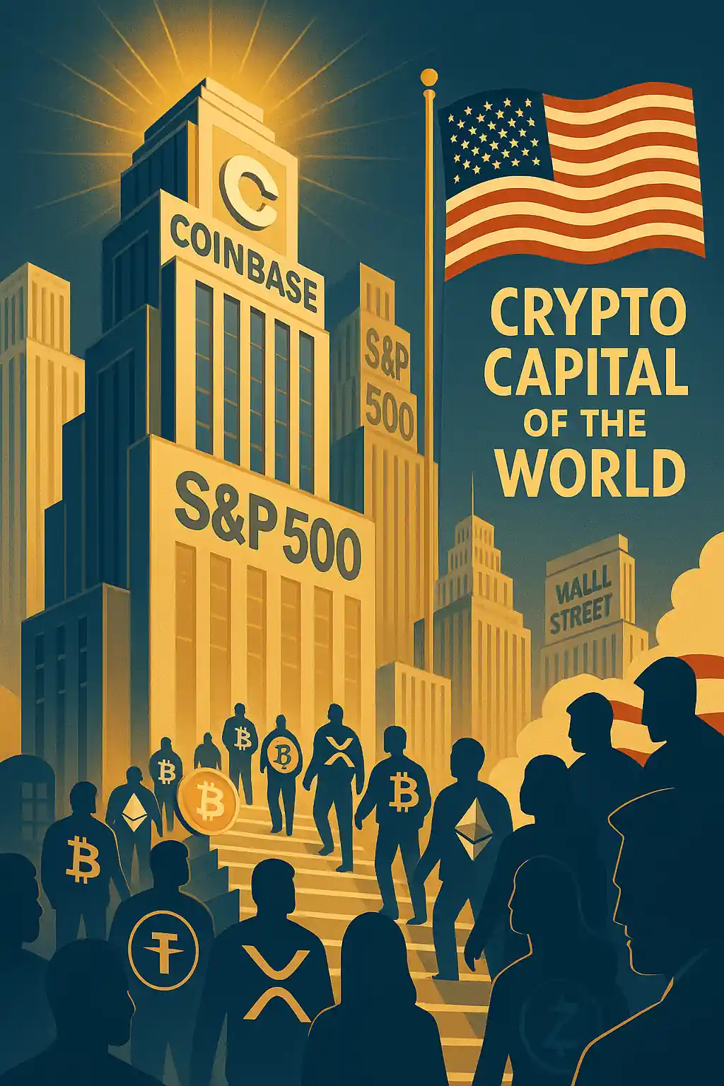 Illustration d’un gratte-ciel Coinbase rejoignant le S&P 500, entouré de figures portant des logos crypto, avec un drapeau américain et l’inscription « Crypto Capital of the World ».