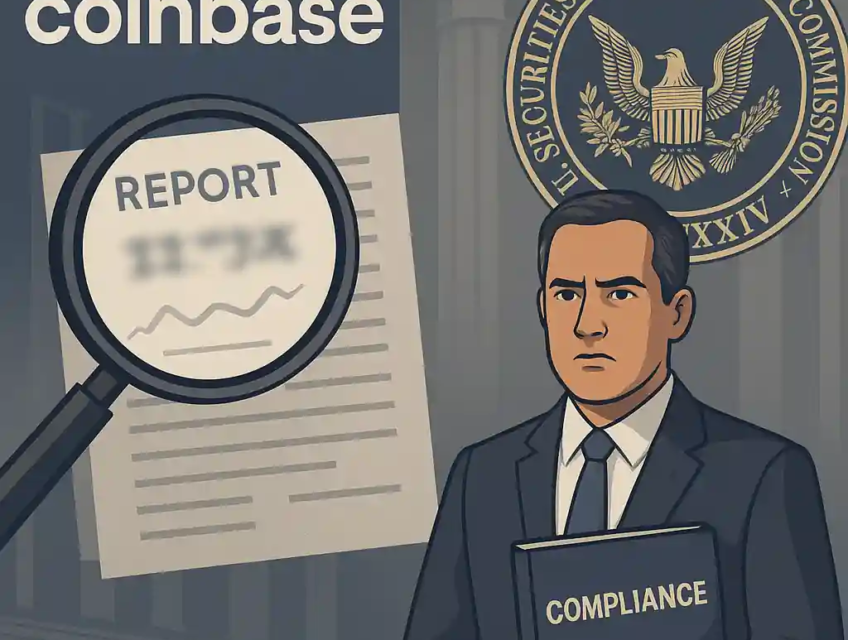 Illustration de la confrontation entre Coinbase et la SEC avec un rapport flouté, une loupe et un avocat en costume.