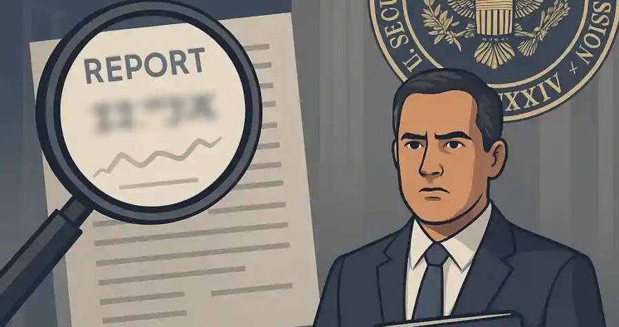 Illustration de la confrontation entre Coinbase et la SEC avec un rapport flouté, une loupe et un avocat en costume.