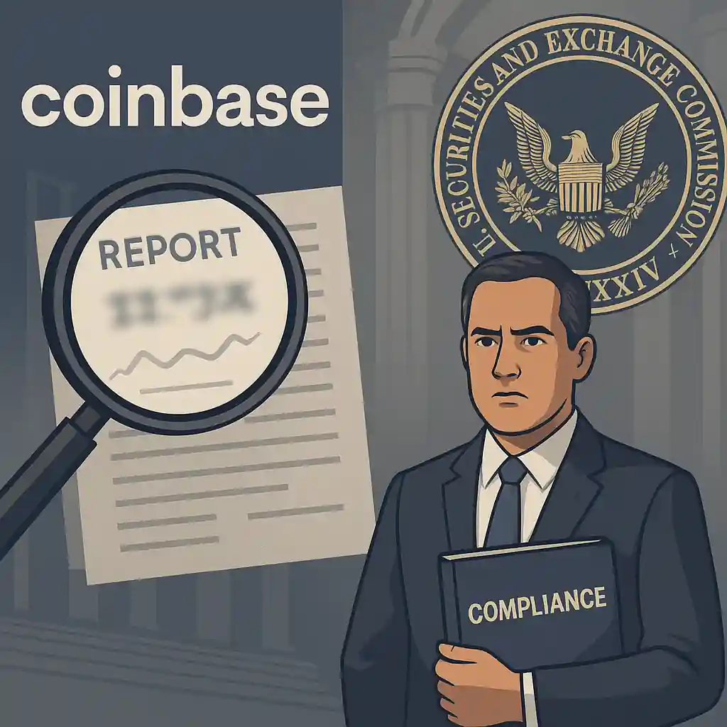 Illustration de la confrontation entre Coinbase et la SEC avec un rapport flouté, une loupe et un avocat en costume.