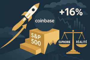 Illustration Coinbase sur un piédestal S&P 500 avec fusée +16 % et balance entre euphorie et réalité sur fond de nuages.