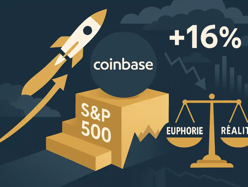 Illustration Coinbase sur un piédestal S&P 500 avec fusée +16 % et balance entre euphorie et réalité sur fond de nuages.