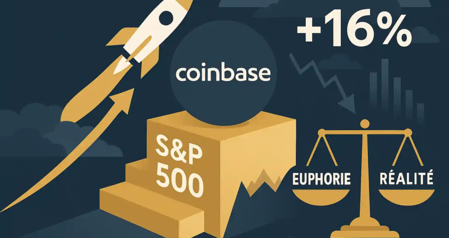 Illustration Coinbase sur un piédestal S&P 500 avec fusée +16 % et balance entre euphorie et réalité sur fond de nuages.