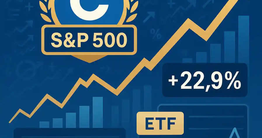 Illustration du logo Coinbase avec badge S&P 500, courbe haussière de 22,9 % et graphiques ETF sur fond boursier.