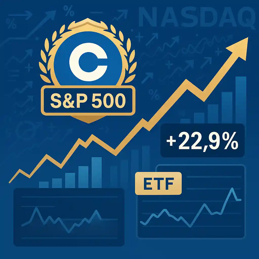 Illustration du logo Coinbase avec badge S&P 500, courbe haussière de 22,9 % et graphiques ETF sur fond boursier.