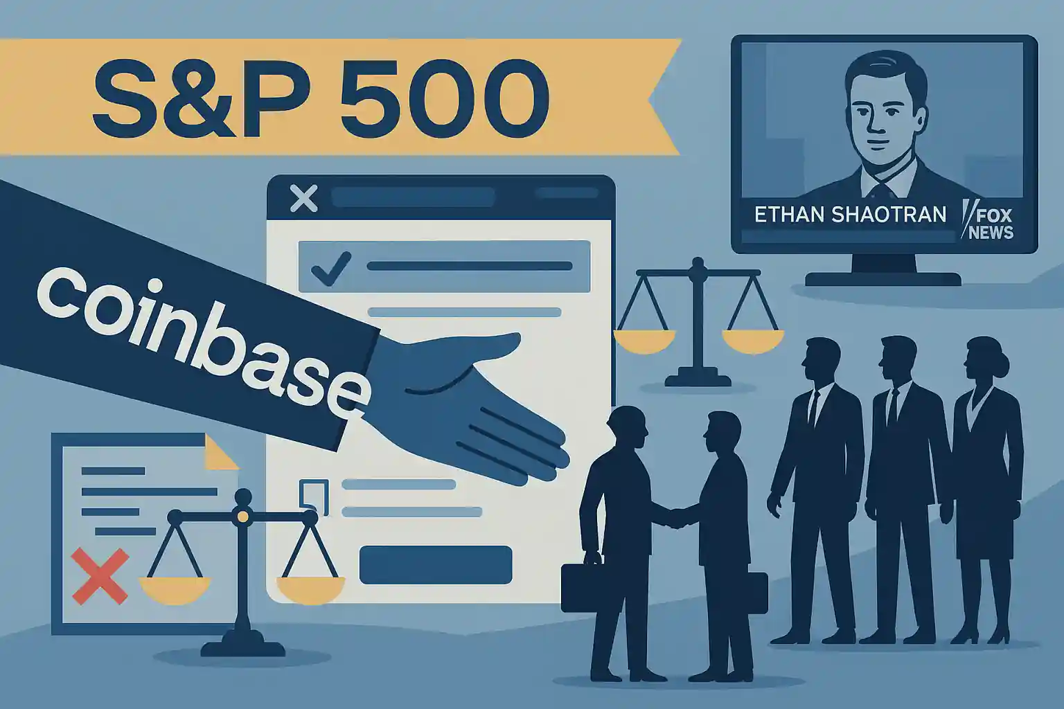 Illustration Coinbase tendant la main à d’anciens agents DOGE, avec formulaire en ligne, balances et portrait d’Ethan Shaotran.