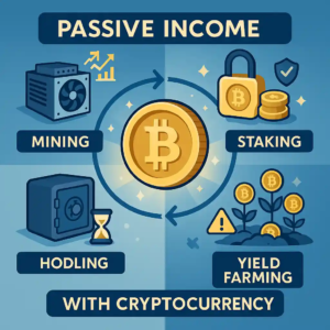 Infographie des méthodes de revenu passif crypto : mining, staking, HODLing et yield farming autour d’un bitcoin central.