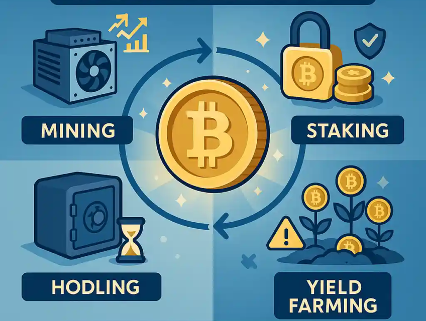 Infographie des méthodes de revenu passif crypto : mining, staking, HODLing et yield farming autour d’un bitcoin central.