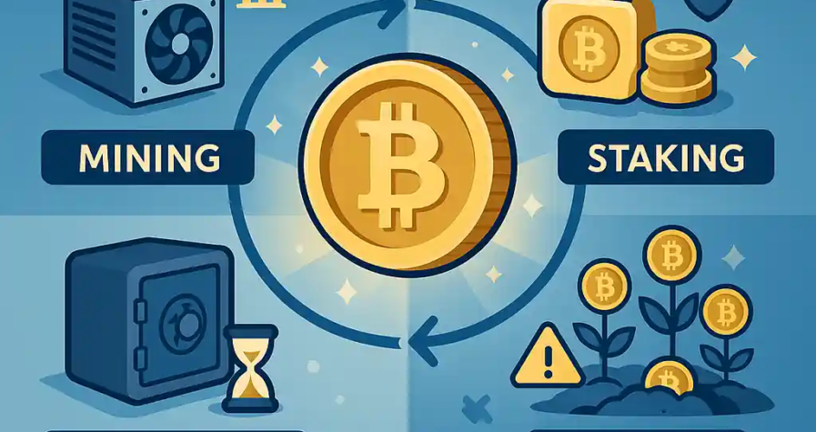 Infographie des méthodes de revenu passif crypto : mining, staking, HODLing et yield farming autour d’un bitcoin central.