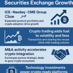 Infographic showing how crypto adoption drives securities exchange growth through volatility, M&A, and tech upgrades.